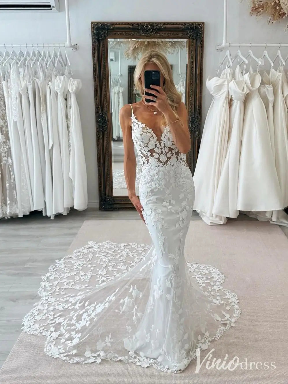 Lace Appliqued Mermaid Wedding Dress with Illusion Back, Sheer Bodice & Chapel Train – ML116-wedding dresses 2025 -Viniodress-Ivory-Custom Size-