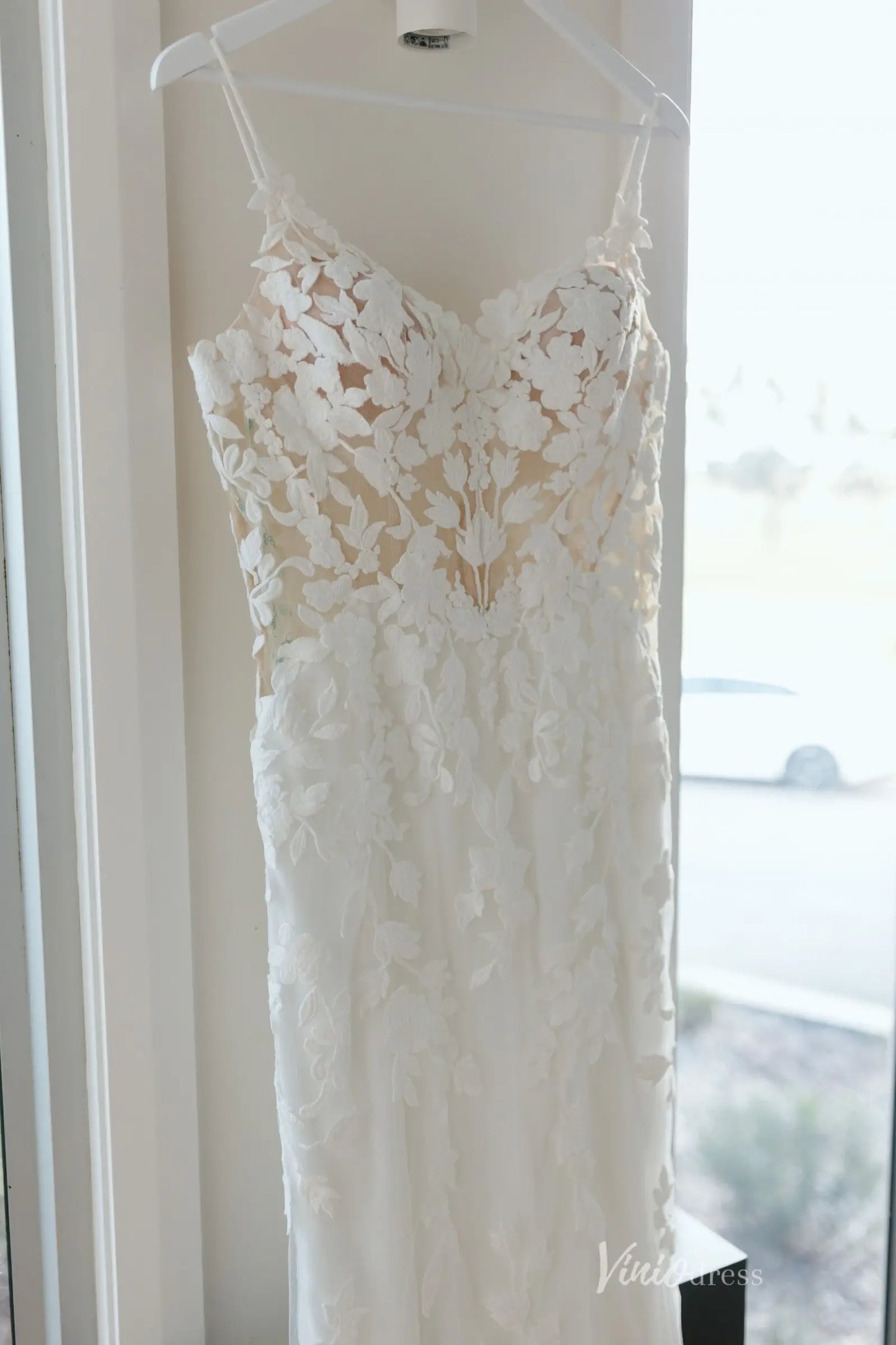 Lace Appliqued Mermaid Wedding Dress with Illusion Back, Sheer Bodice & Chapel Train – ML116-wedding dresses 2025 -Viniodress-Ivory-Custom Size-