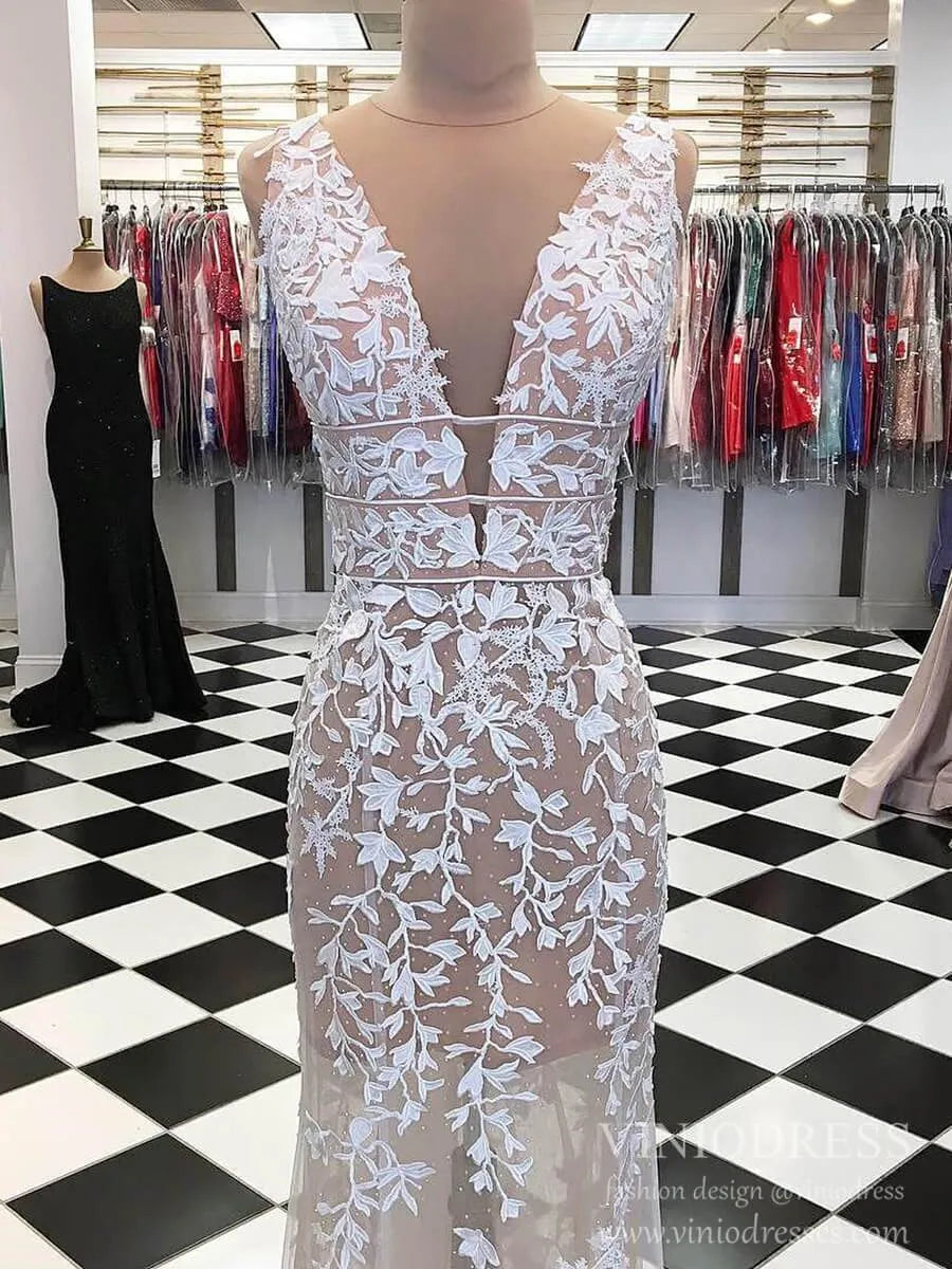 Lace Appliqued Nude Prom Dresses Deep V Neck Sheath Formal Dress FD2128-prom dresses 2025 -Viniodress-As Picture-Custom Size-