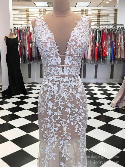 Lace Appliqued Nude Prom Dresses Deep V Neck Sheath Formal Dress FD2128-prom dresses 2025 -Viniodress-As Picture-Custom Size-