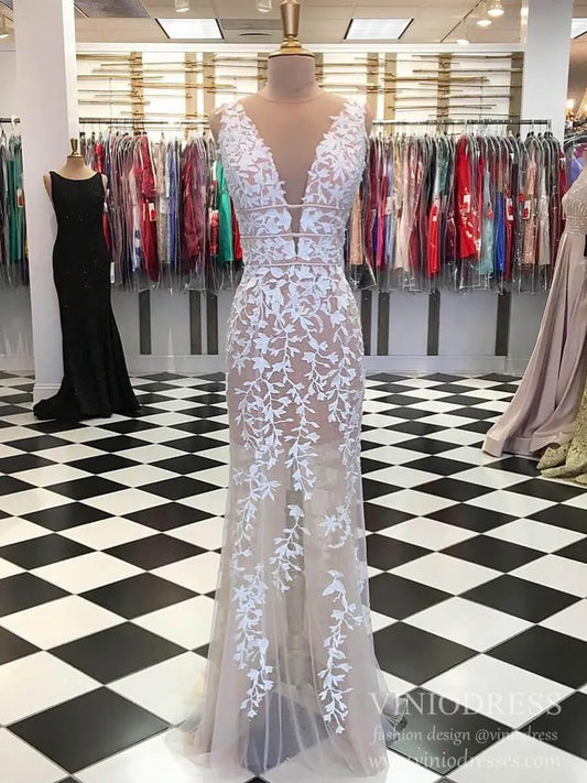 Lace Appliqued Nude Prom Dresses Deep V Neck Sheath Formal Dress FD2128-prom dresses 2025 -Viniodress-As Picture-Custom Size-