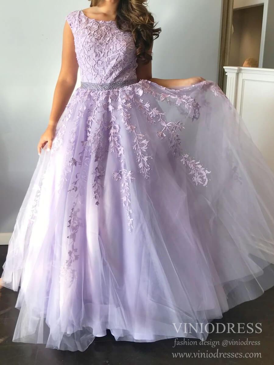 Prom Dress 2025 Lace Appliqued Nude Prom Dresses Long Graduation Dress FD1265D Boat Neck-unique prom dresses-Lilac-Custom Size-Viniodress