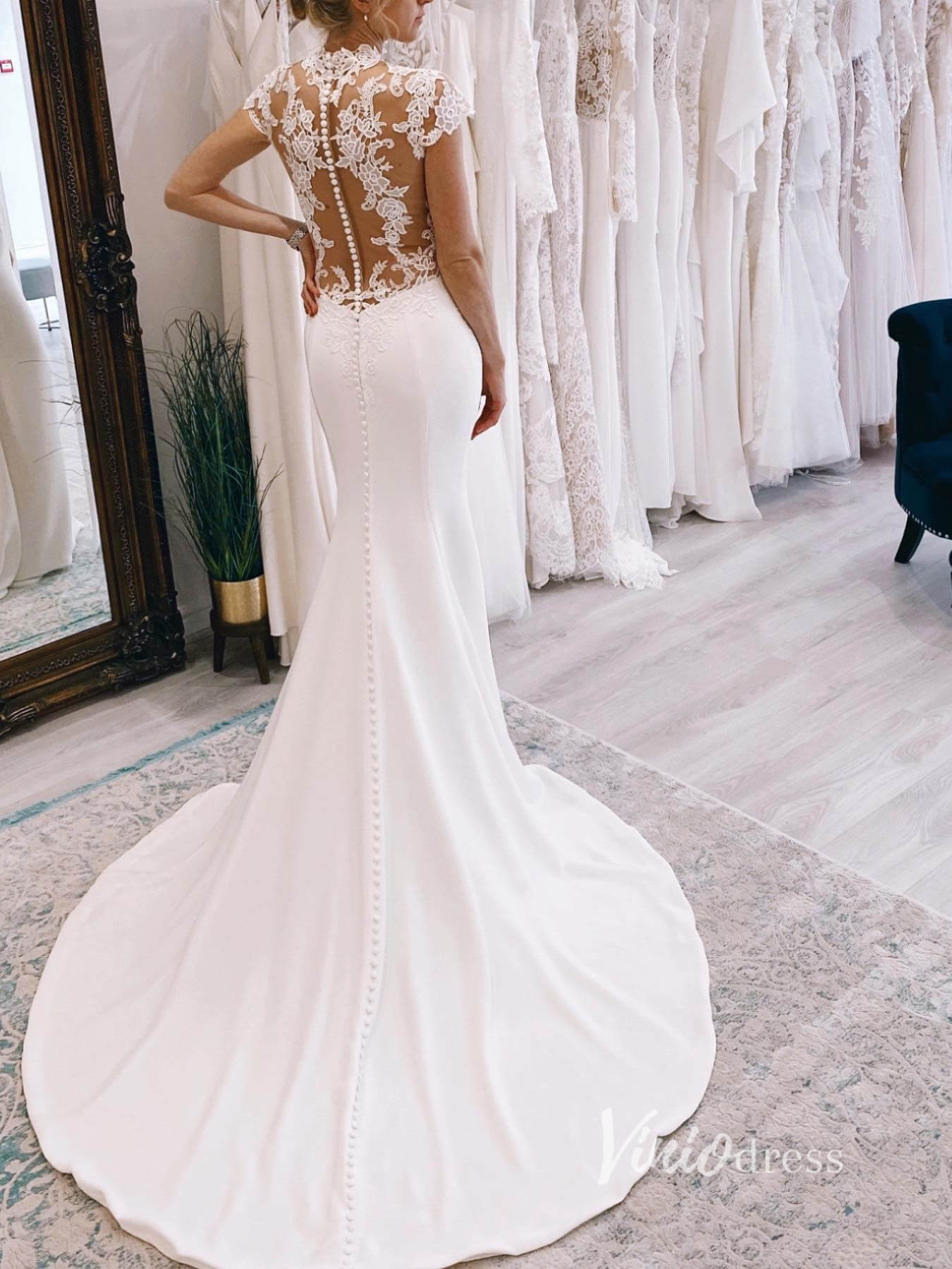 Lace Appliqued Satin Modern Wedding Dresses Cap Sleeve VW2145-wedding dresses 2025 -Viniodress-Ivory-Custom Size-