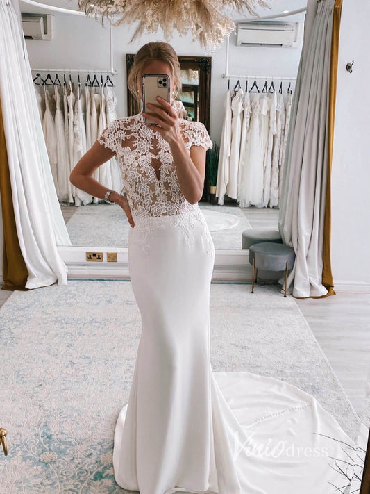 Lace Appliqued Satin Modern Wedding Dresses Cap Sleeve VW2145-wedding dresses 2025 -Viniodress-Ivory-Custom Size-