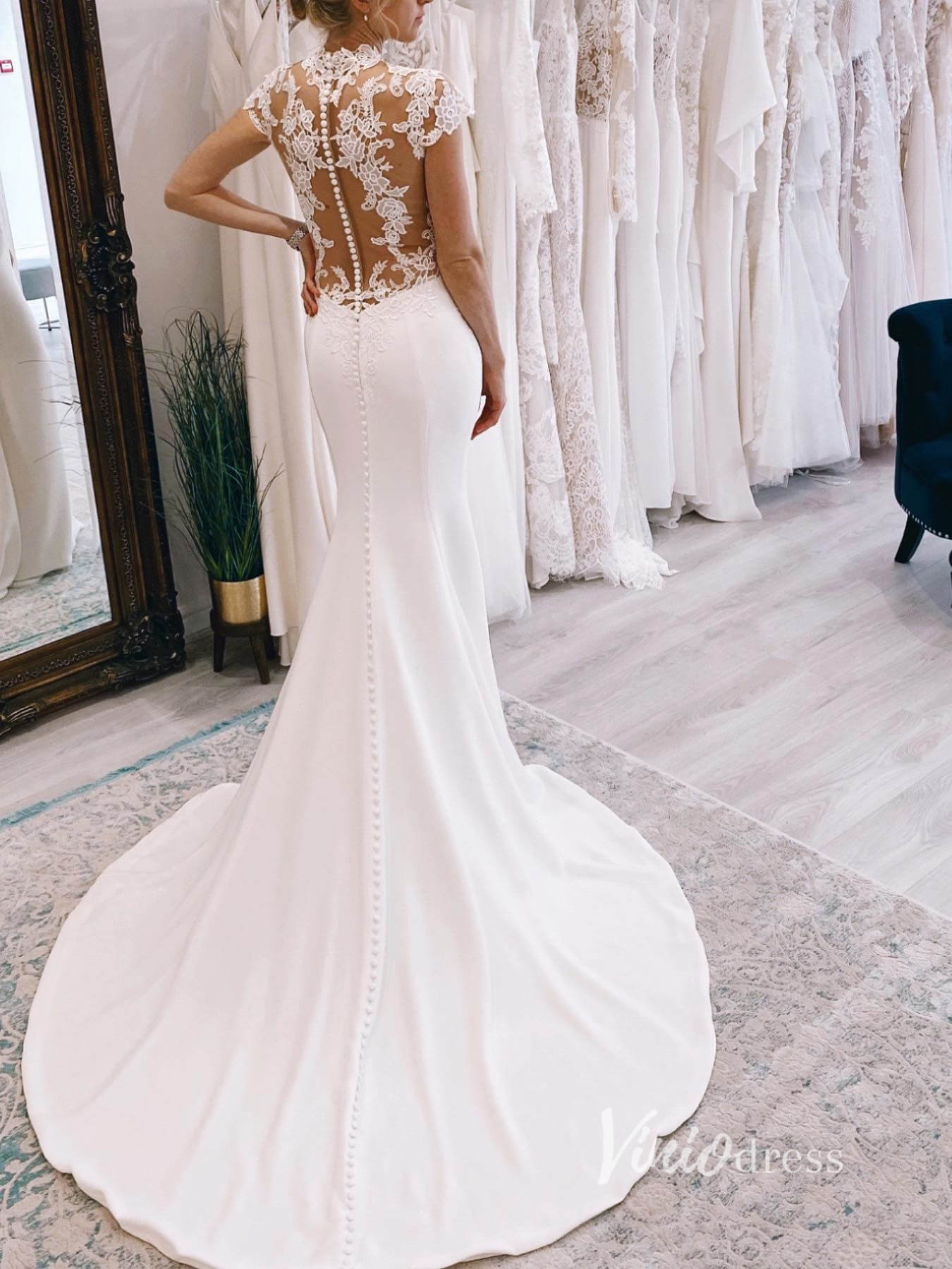 Lace Appliqued Satin Modern Wedding Dresses Cap Sleeve VW2145-wedding dresses-Viniodress-Viniodress