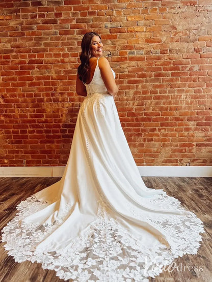 Lace Appliqued Satin Wedding Dress with Spaghetti Straps, Pockets, Plunging V Neck, Chapel Train – LA110-prom dresses 2025 -Viniodress-Ivory-Custom Size-