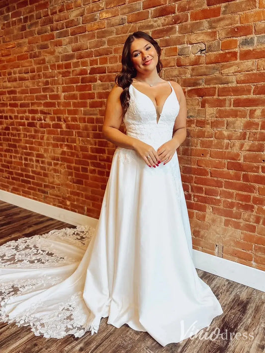 Lace Appliqued Satin Wedding Dress with Spaghetti Straps, Pockets, Plunging V Neck, Chapel Train – LA110-prom dresses 2025 -Viniodress-Ivory-Custom Size-