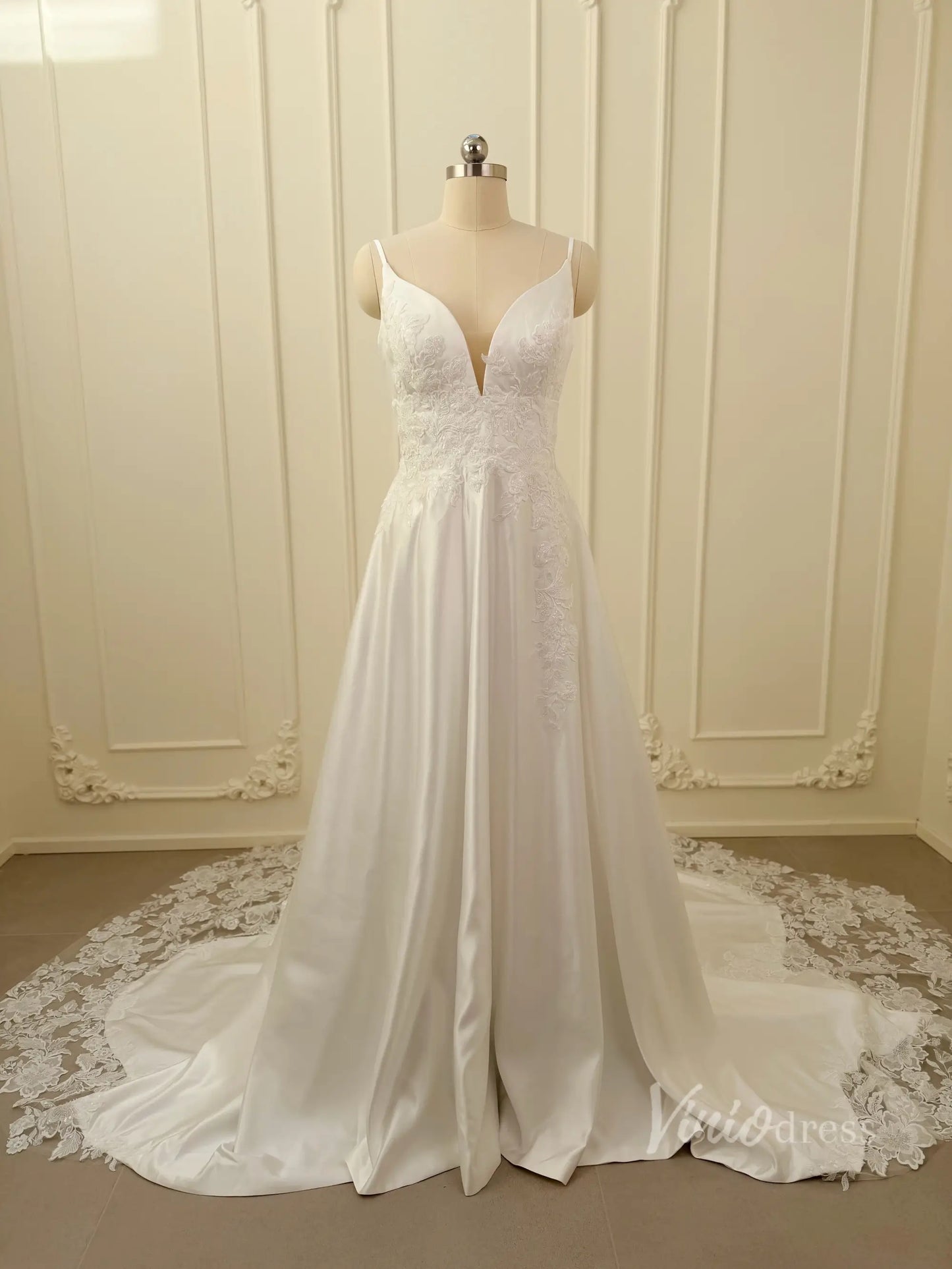 Lace Appliqued Satin Wedding Dress with Spaghetti Straps, Pockets, Plunging V Neck, Chapel Train – LA110-wedding dresses 2026-Viniodress-Ivory-Custom Size – Add Measurements in Cart-