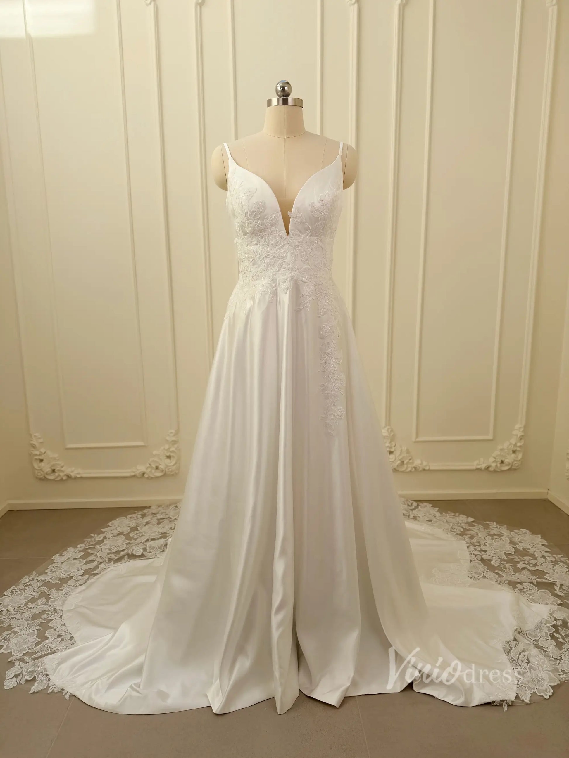 Lace Appliqued Satin Wedding Dress with Spaghetti Straps, Pockets, Plunging V Neck, Chapel Train – LA110-wedding dresses 2026-Viniodress-Ivory-Custom Size – Add Measurements in Cart-