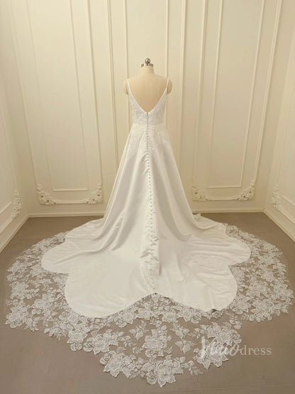 Lace Appliqued Satin Wedding Dress with Spaghetti Straps, Pockets, Plunging V Neck, Chapel Train – LA110-wedding dresses 2026-Viniodress-Ivory-Custom Size – Add Measurements in Cart-