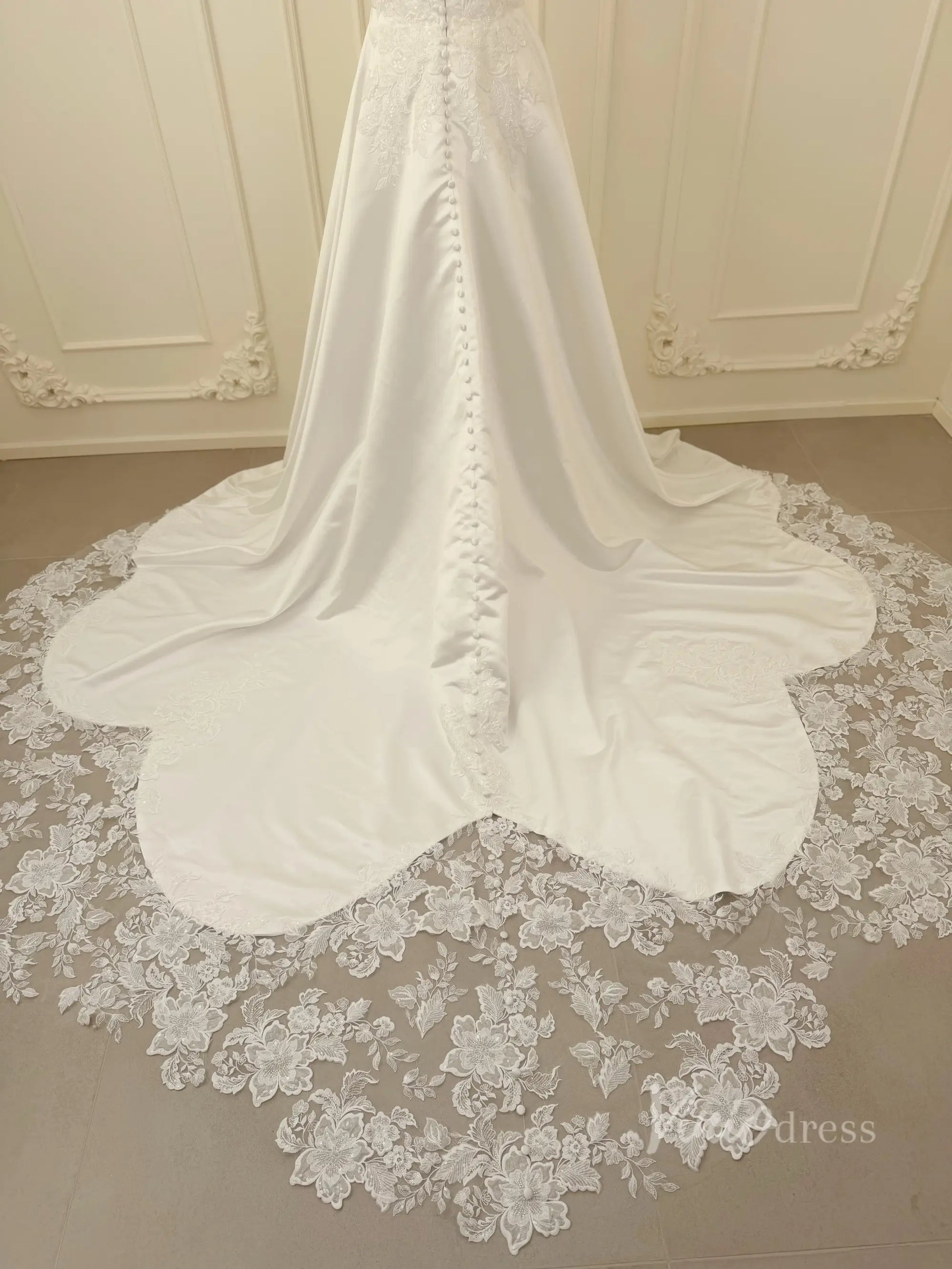 Lace Appliqued Satin Wedding Dress with Spaghetti Straps, Pockets, Plunging V Neck, Chapel Train – LA110-wedding dresses 2026-Viniodress-Ivory-Custom Size – Add Measurements in Cart-