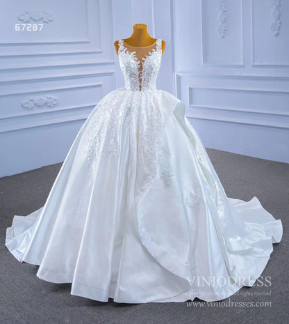 Lace Appliqued Satin Wedding Gown Plunging V-neck Ball Gown 67287-wedding dresses 2025 -Viniodress-Ivory-Custom Size-
