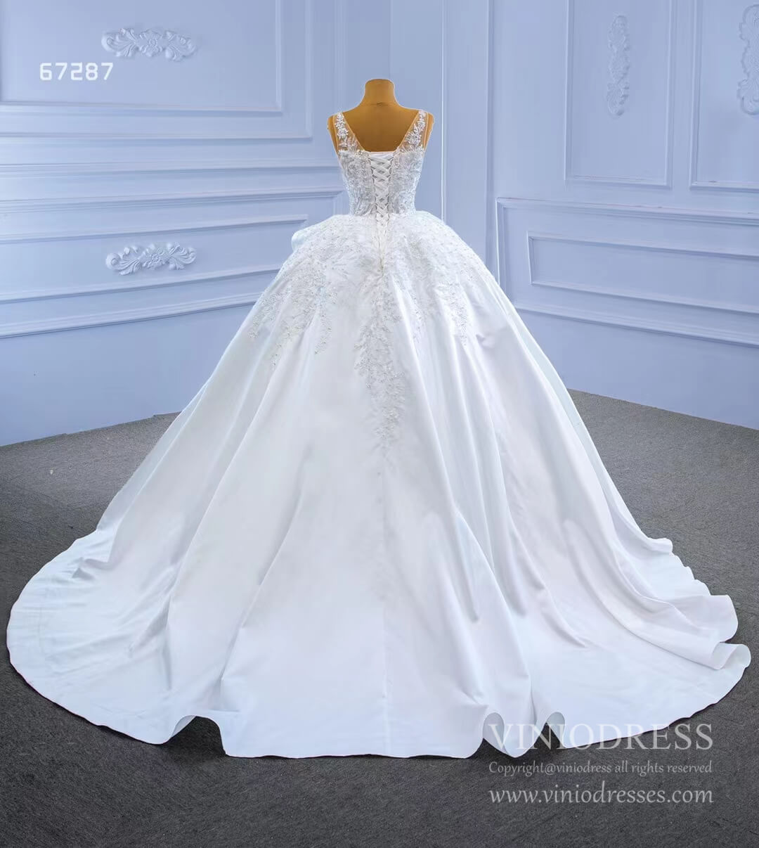 Lace Appliqued Satin Wedding Gown Plunging V-neck Ball Gown 67287-wedding dresses 2025 -Viniodress-Ivory-Custom Size-