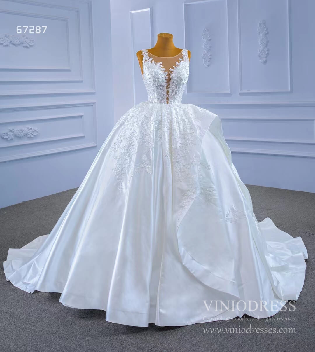 Lace Appliqued Satin Wedding Gown Plunging V-neck Ball Gown 67287-wedding dresses 2025 -Viniodress-Ivory-Custom Size-