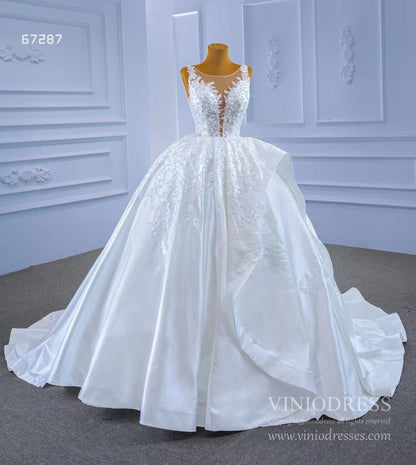 Lace Appliqued Satin Wedding Gown Plunging V-neck Ball Gown 67287-wedding dresses 2025 -Viniodress-Ivory-Custom Size-