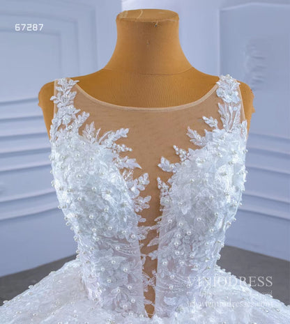 Lace Appliqued Satin Wedding Gown Plunging V-neck Ball Gown 67287-wedding dresses 2025 -Viniodress-Ivory-Custom Size-