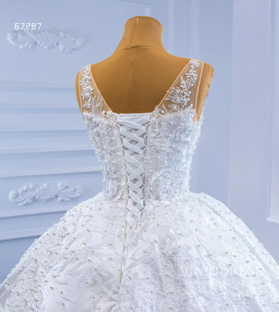 Lace Appliqued Satin Wedding Gown Plunging V-neck Ball Gown 67287-wedding dresses 2025 -Viniodress-Ivory-Custom Size-