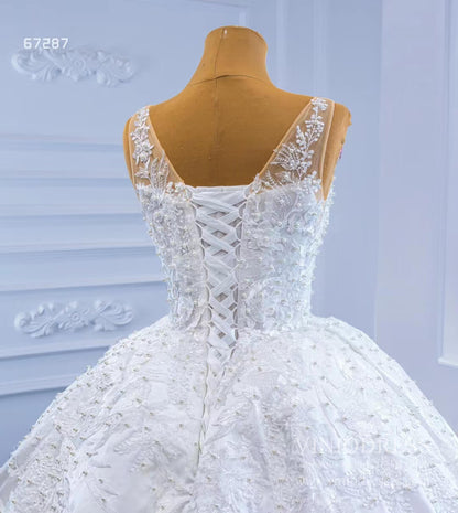 Lace Appliqued Satin Wedding Gown Plunging V-neck Ball Gown 67287-wedding dresses 2025 -Viniodress-Ivory-Custom Size-