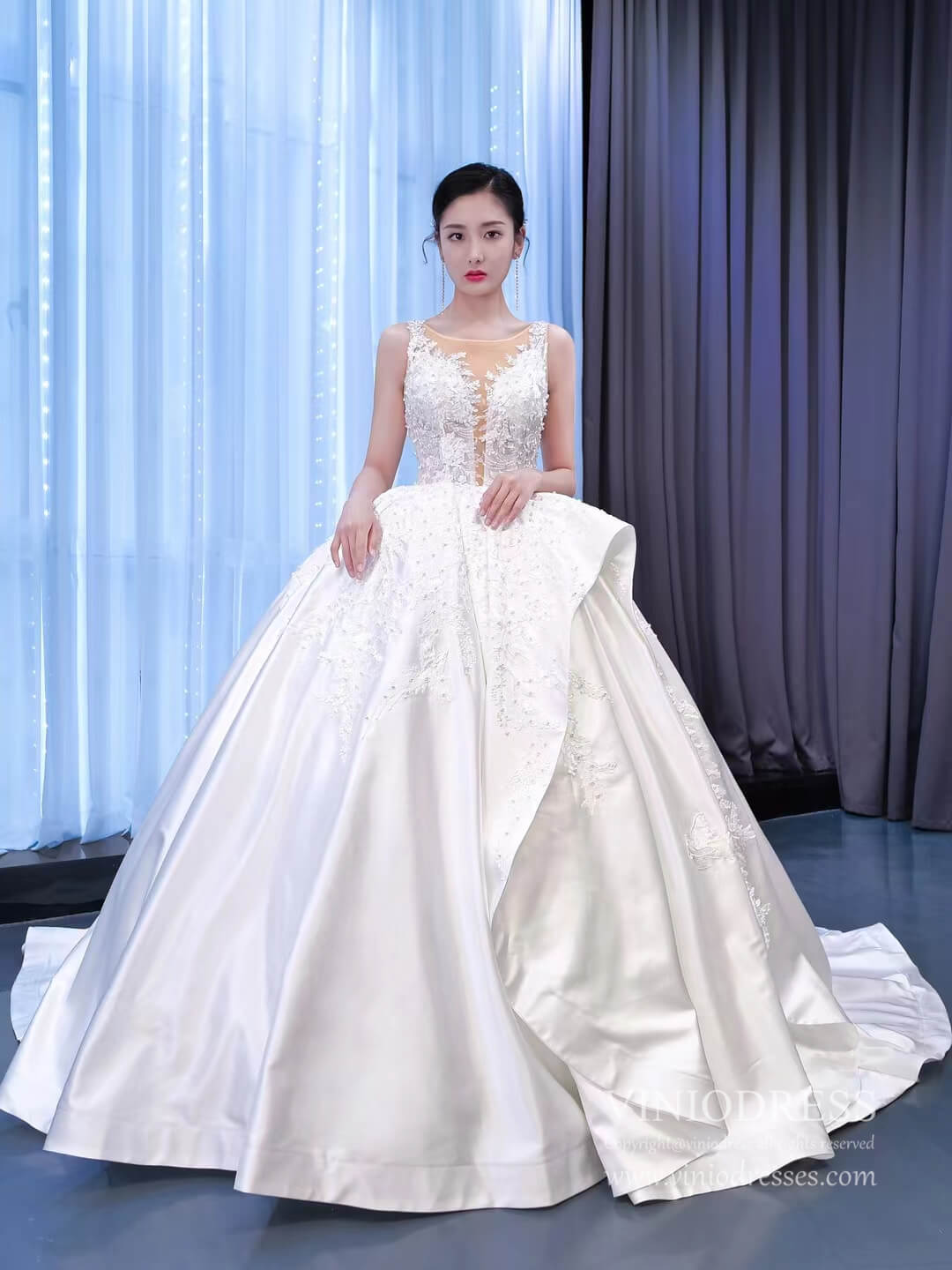 Lace Appliqued Satin Wedding Gown Plunging V-neck Ball Gown 67287-wedding dresses 2025 -Viniodress-Ivory-Custom Size-