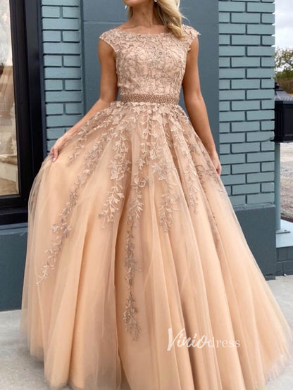 Lace Appliqued Nude Prom Dresses Long Graduation Dress FD1265D Boat Neck-prom dresses 2025 -Viniodress-Champagne-Custom Size-