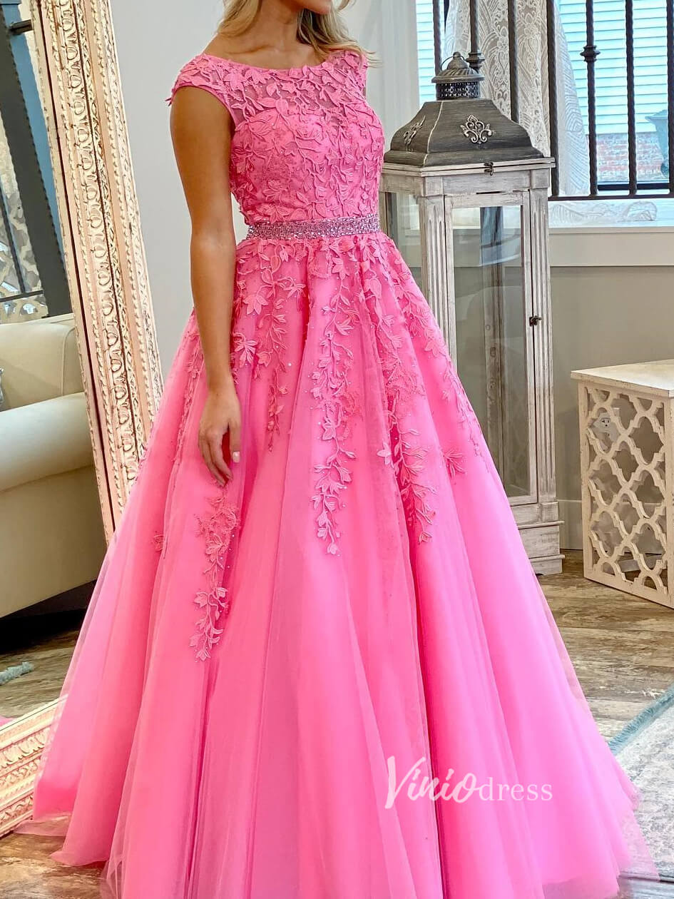 Lace Appliqued Nude Prom Dresses Long Graduation Dress FD1265D Boat Neck-prom dresses 2025 -Viniodress-Hot Pink-Custom Size-