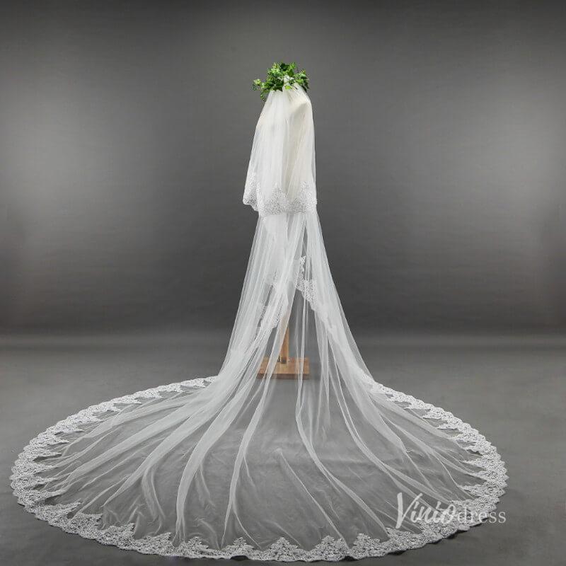 Lace Appliqued Tulle Cathedral Veil with Blusher Viniodress-Bridal Veil 2025 -Viniodress-Ivory-