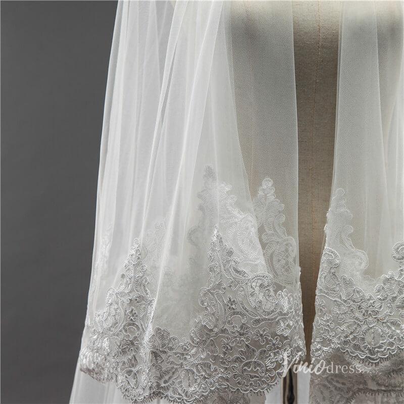 Lace Appliqued Tulle Cathedral Veil with Blusher Viniodress-Bridal Veil 2025 -Viniodress-Ivory-
