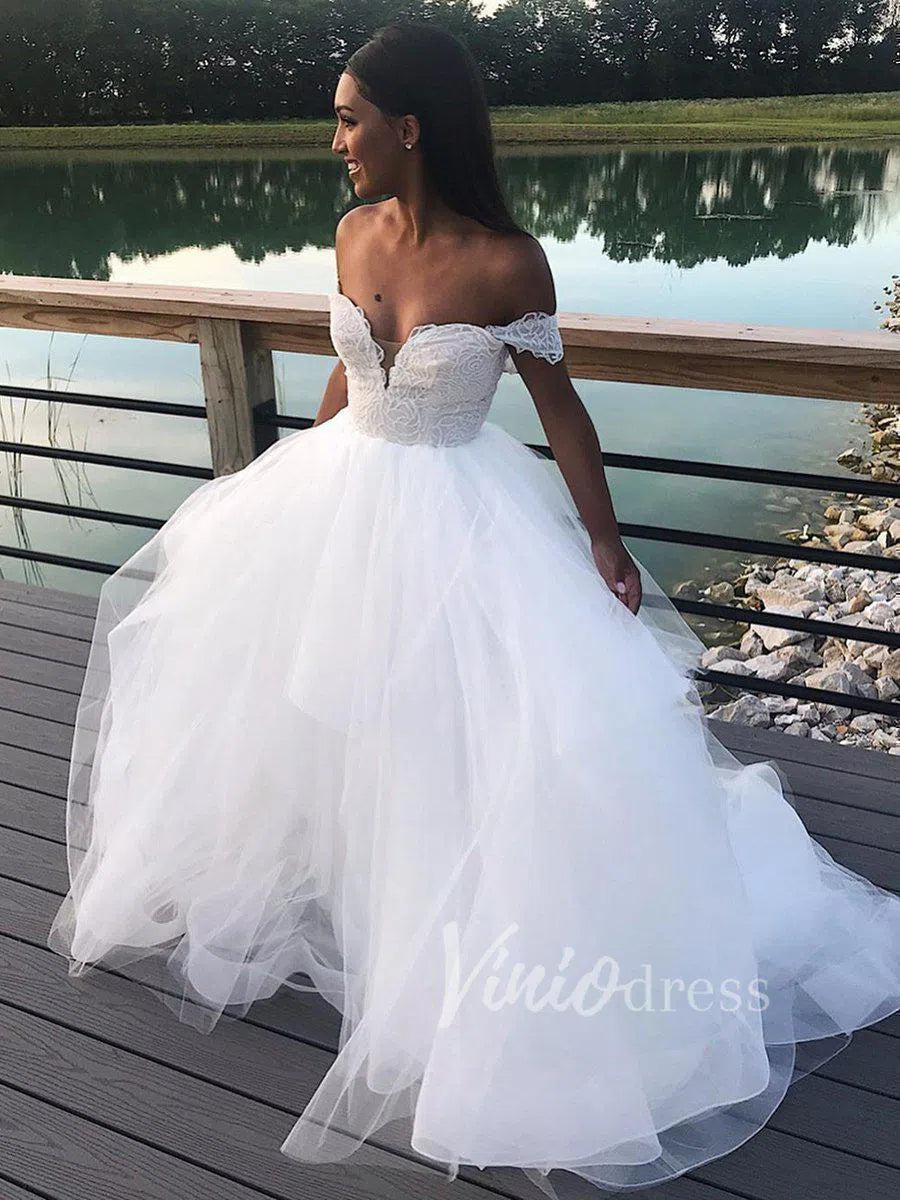 Lace Bodice Beach Wedding Dresses Off the Shoulder VW1213-wedding dresses-Viniodress-As Picture-Custom Size-Viniodress