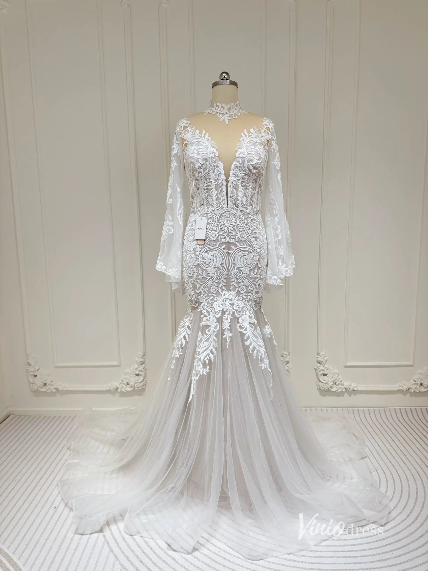 Lace Boho Mermaid Wedding Dress | Flare Sleeve Gown Lace Bodice & Tulle Skirt VW1195-wedding dresses 2025 -Viniodress-Nude-Custom Size-