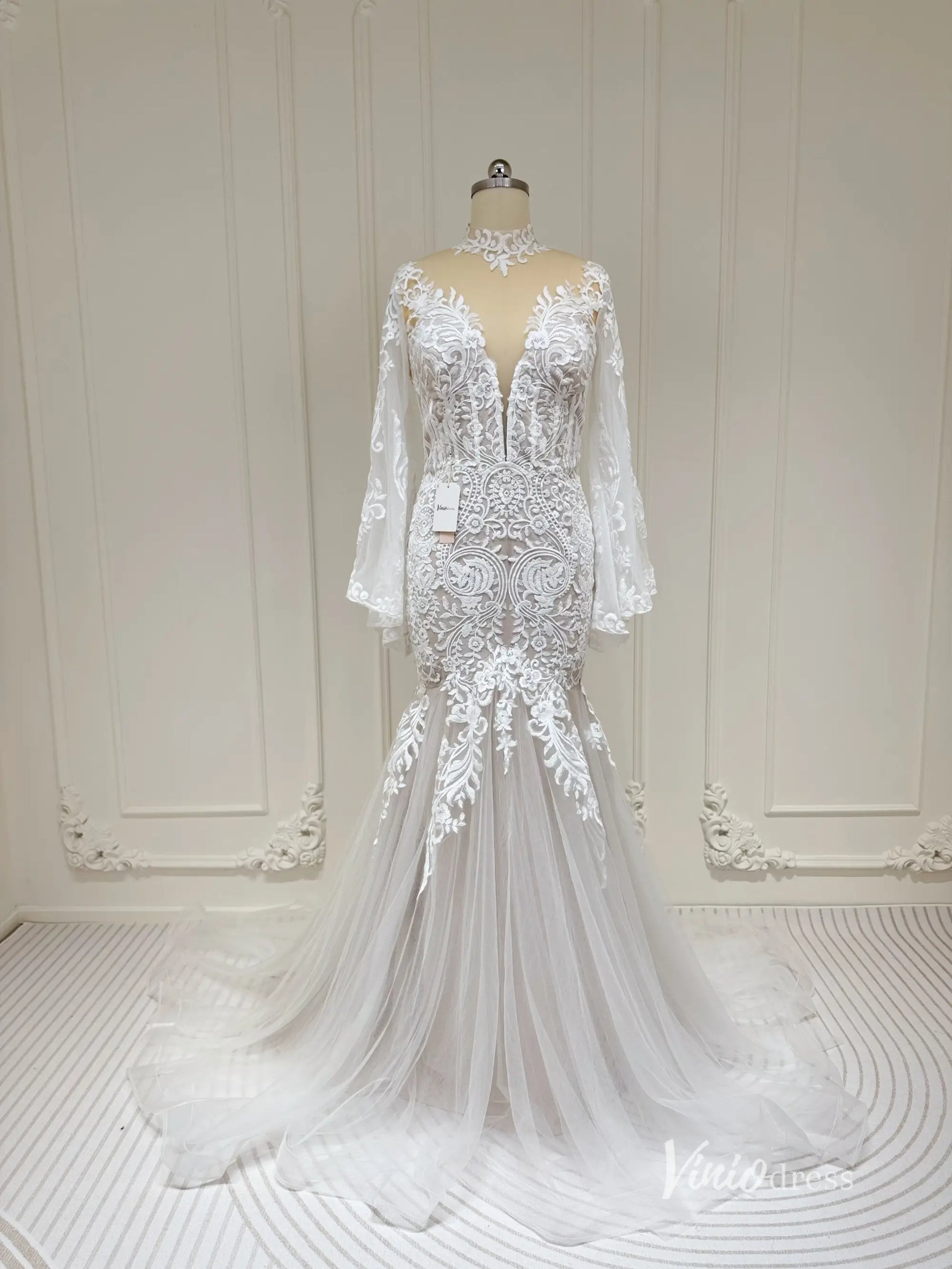 Lace Boho Mermaid Wedding Dress | Flare Sleeve Gown Lace Bodice & Tulle Skirt VW1195-wedding dresses 2025 -Viniodress-Nude-Custom Size-