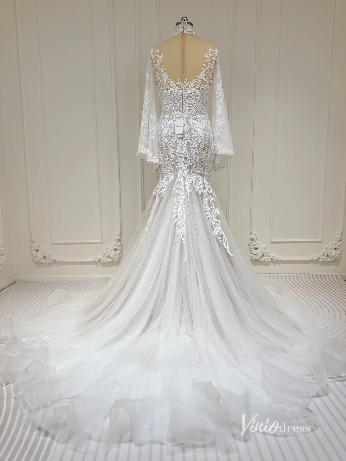 Lace Boho Mermaid Wedding Dress | Flare Sleeve Gown Lace Bodice & Tulle Skirt VW1195-wedding dresses 2025 -Viniodress-Nude-Custom Size-