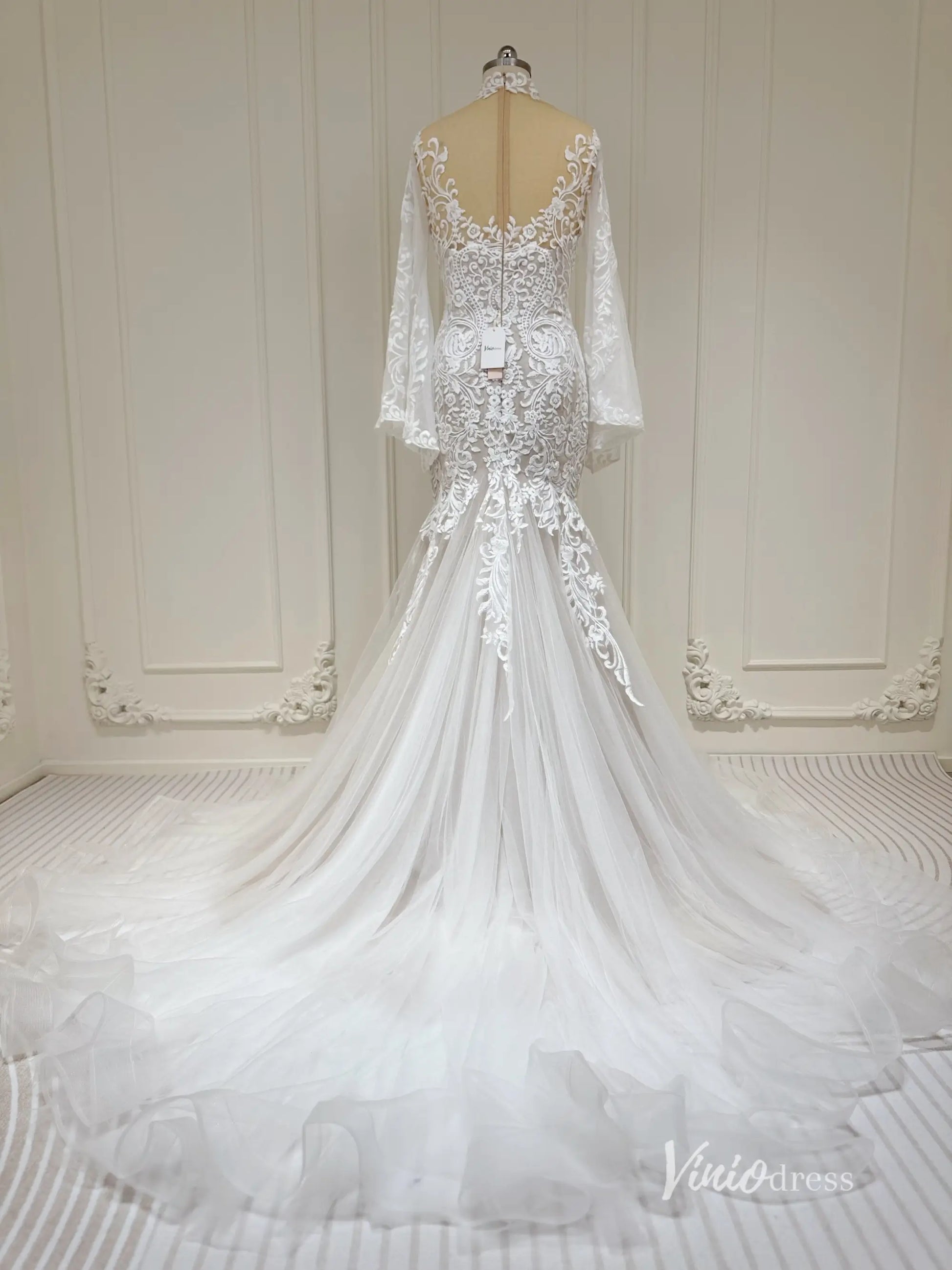 Lace Boho Mermaid Wedding Dress | Flare Sleeve Gown Lace Bodice & Tulle Skirt VW1195-wedding dresses 2025 -Viniodress-Nude-Custom Size-