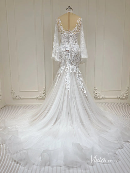 Lace Boho Mermaid Wedding Dress | Flare Sleeve Gown Lace Bodice & Tulle Skirt VW1195-wedding dresses 2025 -Viniodress-Nude-Custom Size-