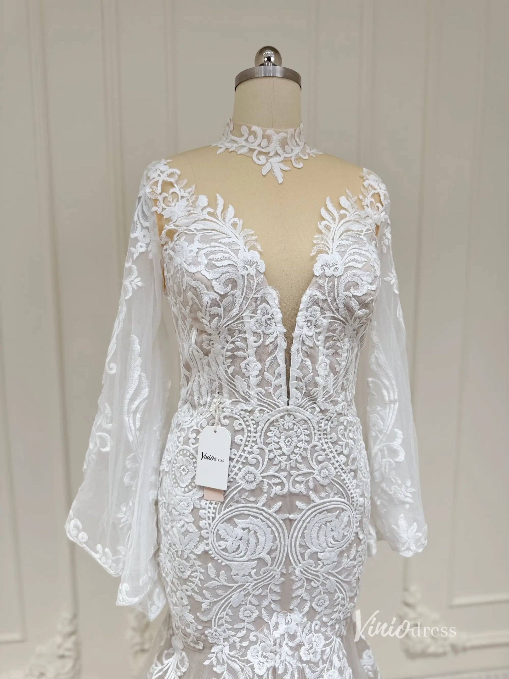 Lace Boho Mermaid Wedding Dress | Flare Sleeve Gown Lace Bodice & Tulle Skirt VW1195-wedding dresses 2025 -Viniodress-Nude-Custom Size-