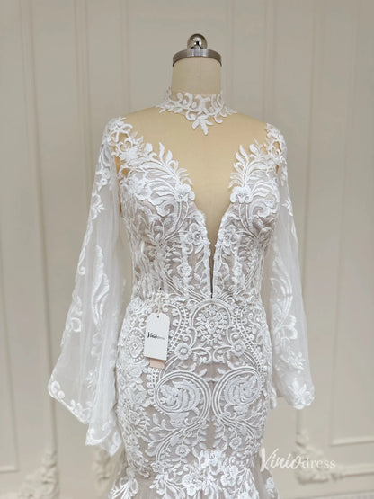 Lace Boho Mermaid Wedding Dress | Flare Sleeve Gown Lace Bodice & Tulle Skirt VW1195-wedding dresses 2025 -Viniodress-Nude-Custom Size-