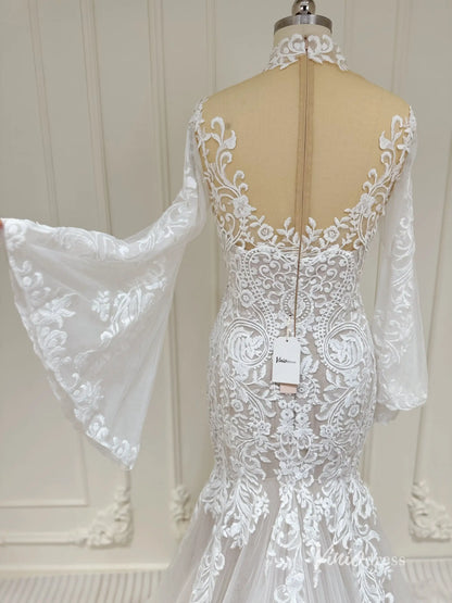 Lace Boho Mermaid Wedding Dress | Flare Sleeve Gown Lace Bodice & Tulle Skirt VW1195-wedding dresses 2025 -Viniodress-Nude-Custom Size-