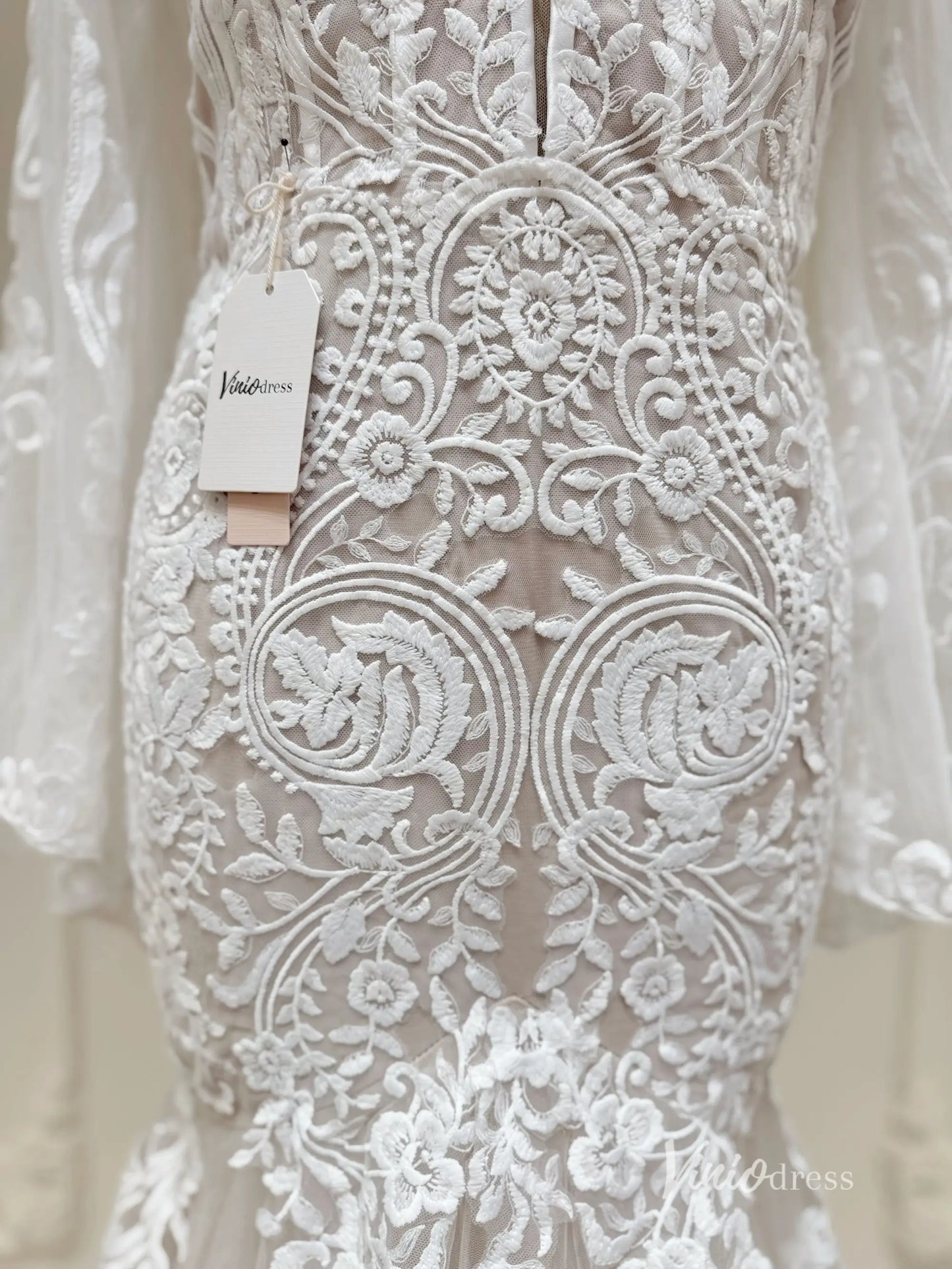 Lace Boho Mermaid Wedding Dress | Flare Sleeve Gown Lace Bodice & Tulle Skirt VW1195-wedding dresses 2025 -Viniodress-Nude-Custom Size-