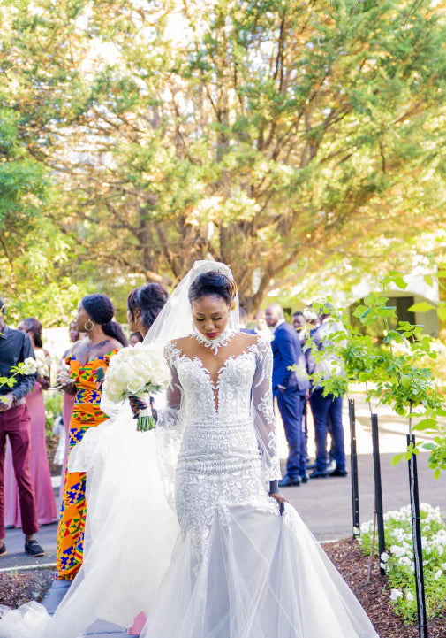 Lace Boho Mermaid Wedding Dress | Flare Sleeve Gown Lace Bodice & Tulle Skirt VW1195-wedding dresses 2025 -Viniodress-Nude-Custom Size-