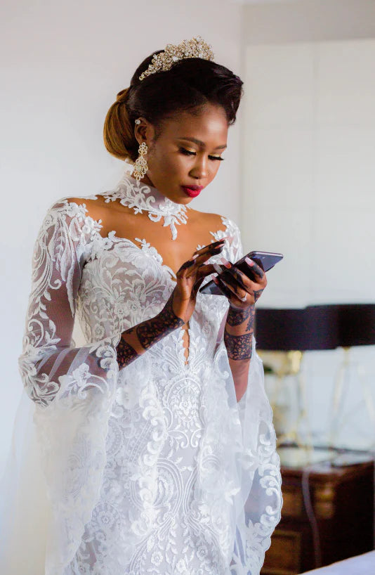 Lace Boho Mermaid Wedding Dress | Flare Sleeve Gown Lace Bodice & Tulle Skirt VW1195-wedding dresses 2025 -Viniodress-Nude-Custom Size-