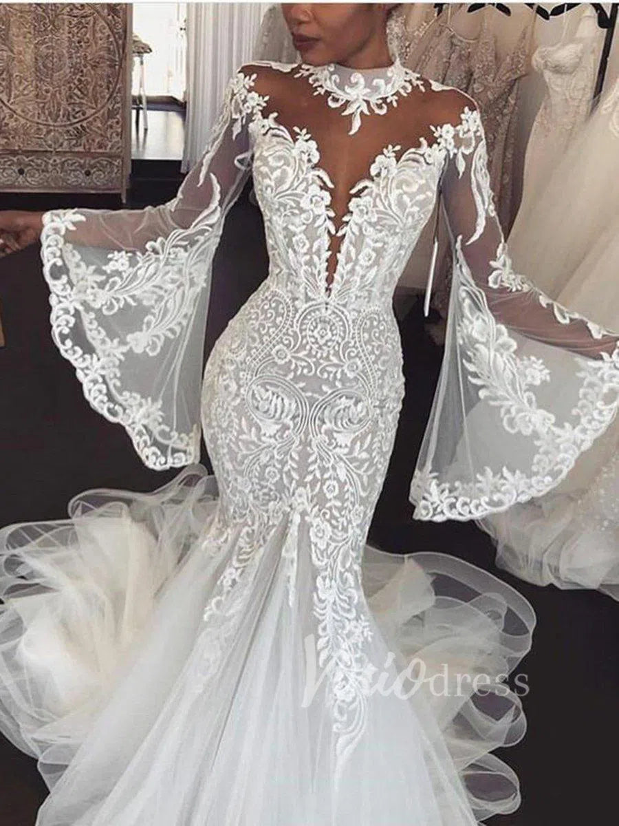 Lace Boho Mermaid Wedding Dress | Flare Sleeve Gown Lace Bodice & Tulle Skirt VW1195-wedding dresses 2025 -Viniodress-Nude-Custom Size-