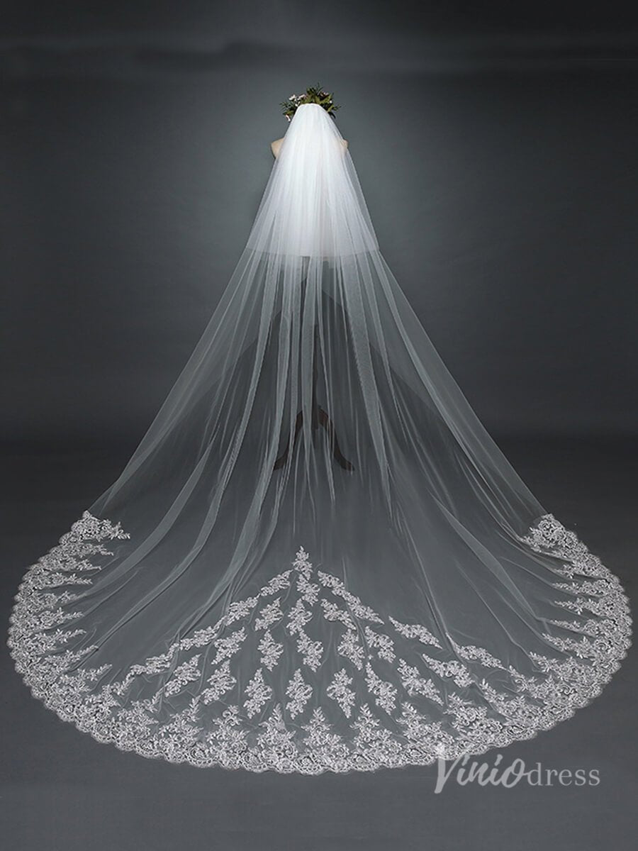Lace Cathedral Veil with Blusher Viniodress TS17102-Bridal Veil 2025 -Viniodress-Ivory-