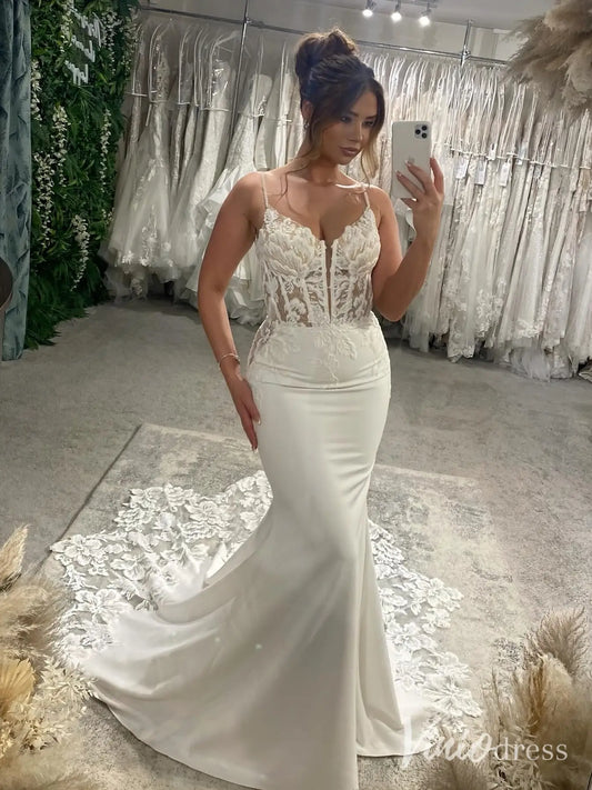 Lace Corset Crepe Wedding Dress with Spaghetti Straps and Floral Cathedral Train – ML122-wedding dresses 2025 -Viniodress-Ivory-Custom Size-