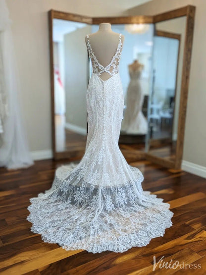 Lace Fit-and-Flare Wedding Dress with Plunging Neckline and Sheer Cutout Back – VW2562-wedding dresses 2025 -Viniodress-Ivory-Custom Size-