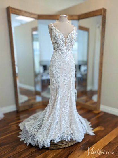 Lace Fit-and-Flare Wedding Dress with Plunging Neckline and Sheer Cutout Back – VW2562-wedding dresses 2025 -Viniodress-Ivory-Custom Size-