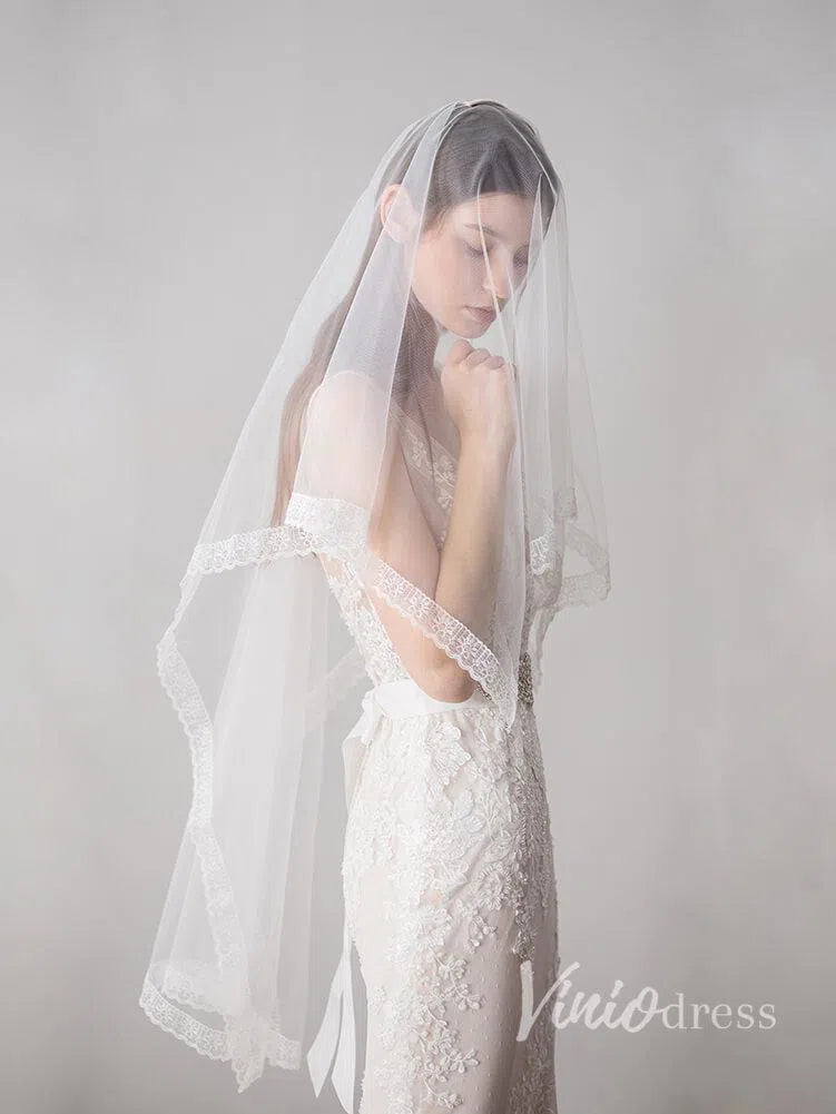 Lace Hemline Ivory Tulle Wedding Veils ACC1051-Bridal Veil 2025 -Viniodress-Ivory-
