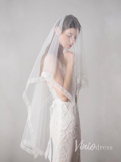 Lace Hemline Ivory Tulle Wedding Veils ACC1051-Bridal Veil 2025 -Viniodress-Ivory-
