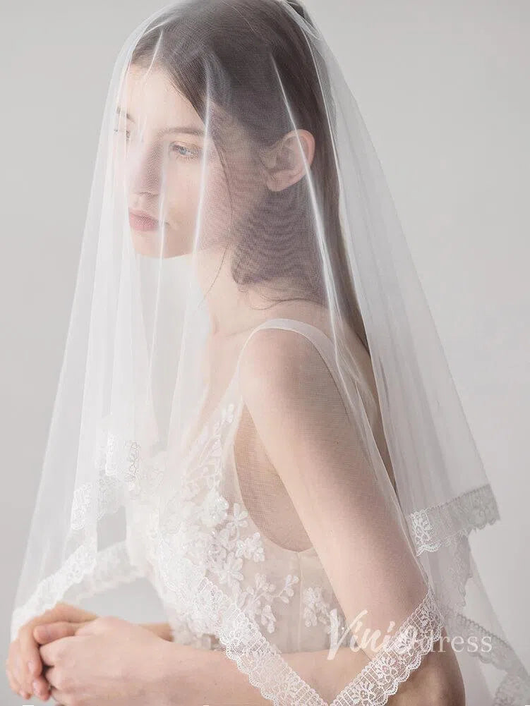Lace Hemline Ivory Tulle Wedding Veils ACC1051-Bridal Veil 2025 -Viniodress-Ivory-