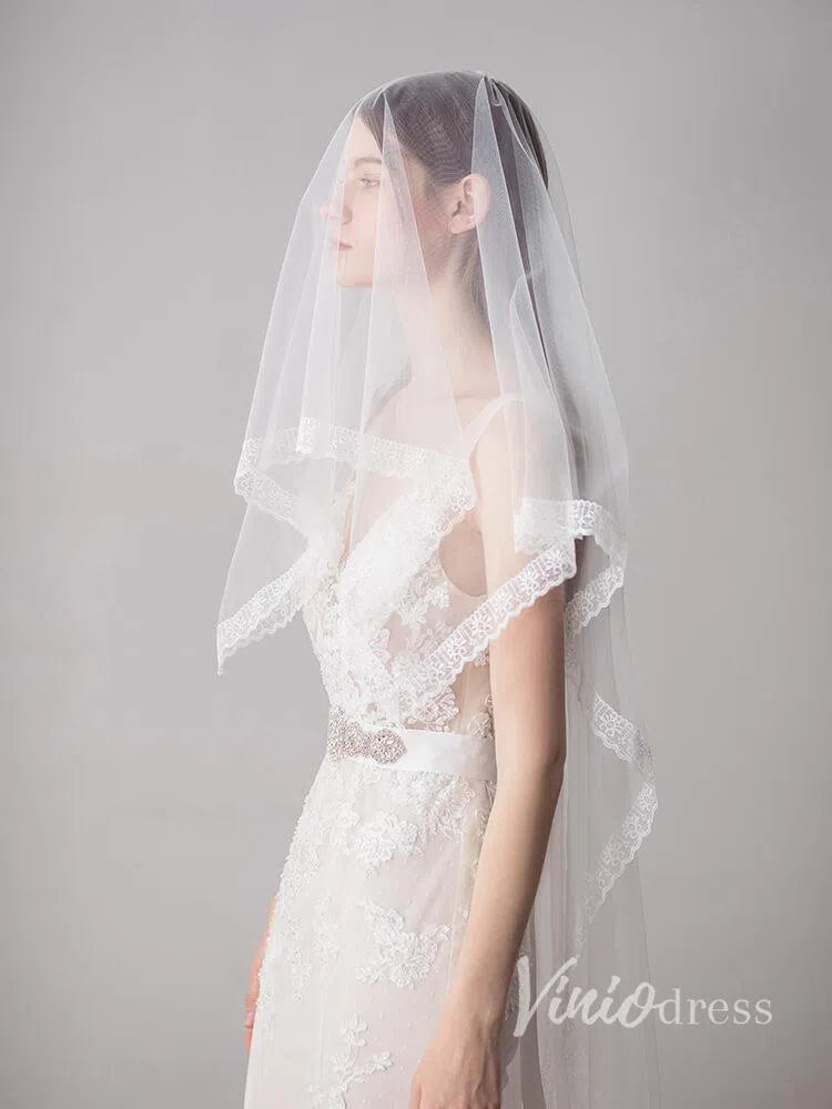 Lace Hemline Ivory Tulle Wedding Veils ACC1051-Bridal Veil 2025 -Viniodress-Ivory-