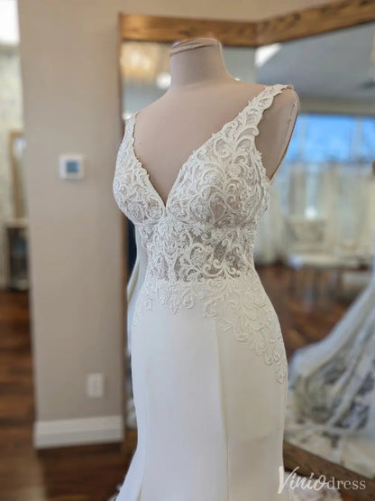 Lace Illusion V-Neck Wedding Dress with Crepe Skirt and Sheer Cutout Train – VW2559-wedding dresses 2025 -Viniodress-White-Custom Size-