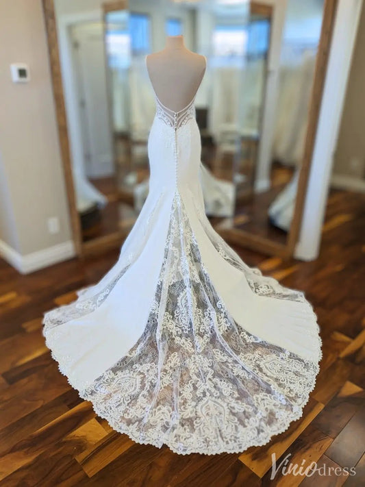 Lace Illusion V-Neck Wedding Dress with Crepe Skirt and Sheer Cutout Train – VW2559-wedding dresses 2025 -Viniodress-White-Custom Size-